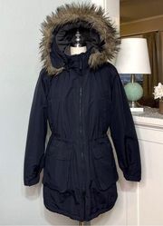 Lands End Black Parka Winter Coat with Fur Hood Small