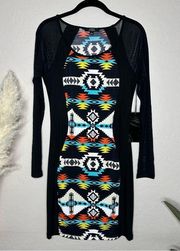 Aztec Print Dress, Sheer Mesh Long Sleeve, size large