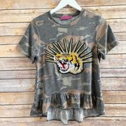 Melissa Masse Tiger Patch Camo Short Sleeve Ruffle Tee Size Medium NWOT