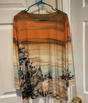 Investments II picturesque landscape on women blouse 3/4 sleeve. . Size 2X.