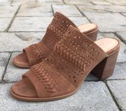 Brown Faux Suede Lasercut  Mule Wooden Heel Sandals