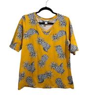 Christopher & banks short sleeve V-neck shirt yellow pineapple print size large