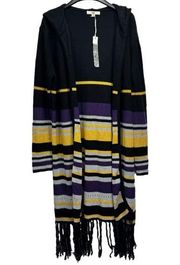 NEW Ya Los Angeles Black PurpleYellow Gray Long Hooded Fringed Cardigan Medium