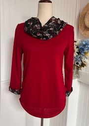 Elle: Vibrant Red Ruched Blouse W Floral Infinity Scarf