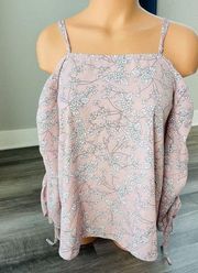 Collective Concepts Pink Floral Cold Shoulder Blouse Size XS Ruched Sleeve E8