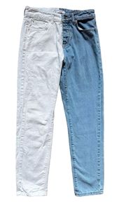 Straight Leg Jeans Women's Medium Blue White Two-Tone Mid Rise Button