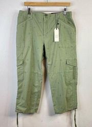 Olive Army Green Eyelet Cargo Cropped Cotton blend pants womens 31 new