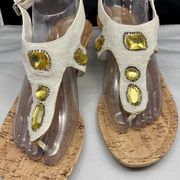 Women's Simply Vera Wedge Sandals, White Fabric/Jeweled Upper on Cork, Size 10