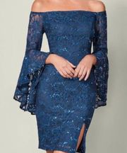 NWT  Women’s Off The Shoulder Lace Sequin Bodycon Mini Dress Blue Size 2