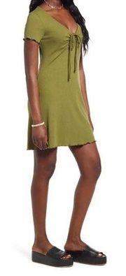 BP  Tie Front Lettuce Edge Mini Dress in Olive Mayfly