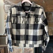 Lucky Brand Wool Blend Buffalo Check Fringe Coat NWT