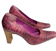 new  ❥ Python Leather Square Toe Sculptural Wood Heel Pumps ❥ Pink