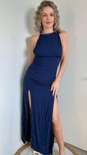 Indah Double Slit Open Back Maxi Dress in Navy