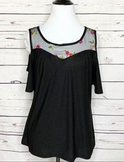 Black Cold Shoulder Top With Sheer Mesh Panel & Embroidered Flowers Size Large