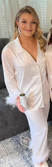 White Feather Trim Silky Pajamas