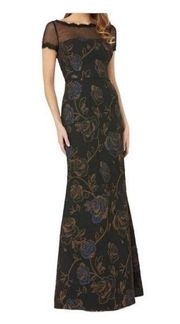 JS Collections Women's Black Floral Illusion Neck Matelasse Trumpet Dress 6