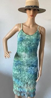 . Blue Green Tie Dyed Crochet Mini Dress Size 4