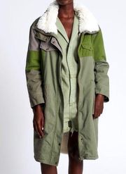 Green Patchwork Twill Utility Defender Sherpa Fur Lined Coat Small