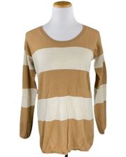 Classic Tan and Cream Striped Scoop Neck Knit Sweater