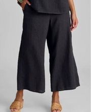 FLAX 100% Linen Pull On Elastic Waist Wide Leg Black Pants in Size Small Cropped