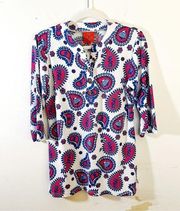 Tracy Negoshian Blouse Ocean Paisley Button Neck Tunic Top Sz S EUC