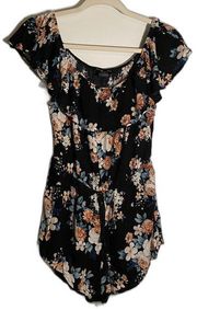 See You Monday Black Floral Off Shoulder Romper, Size Medium