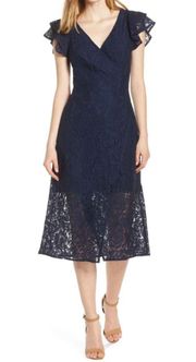 Dress XS Ruffle Sleeve Wrap Lace Midi Navy