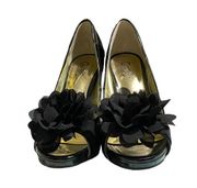 Carlos Santana Patent Black flower platform peep toe heels size 6