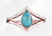 Boutique Rose Golden V-Shaped Water Drop Turquoise Bohi Ring 2 Piece Set Ring Size 6