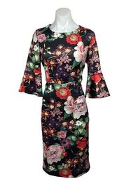 New York & Company Black Floral Bell Sleeve Stretch Bodycon Sheath Dress Size S