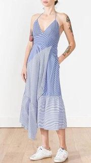 Tibi Sleeveless Collage Striped Halter Midi Dress Asymmetrical Blue Women's Sz 6