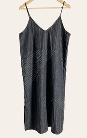 Billy Reid Black Chambray Embroidered Sleeveless V-Neck Striped Dress Size Large