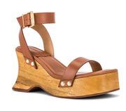 Deep Beige Tan Leather Lansy Minimalist Wooden Wedge Platform Sandals