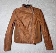 Andrew Marc Leather Jacket Women Juniors M Brown Soft Asymmetrical Zip Moto NEW
