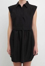 English Factory Womens Black Pleated Shoulder Shirt Dress Sleeveless Mini L NWOT