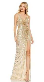 MAC DUGGAL Gold Sequined Faux Wrap Sleeveless Gown 4