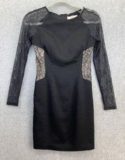 Aidan Mattox Women's Black Lace Dress Size 0 Long Sleeve Illusion Sides Nude