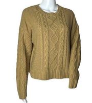 Sanctuary Women's Cable Knit Sweater Tan Crewneck Long Sleeve Cropped Size Large