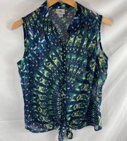 Worthington Patterned Sleeveless Button Down Tie Bottom Chiffon blouse PM