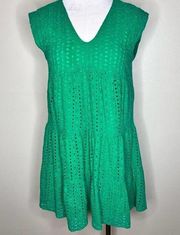 Andree by Unit Babydoll Dress SMALL Green Eyelet Above Knee V-Neck Cap Sleeve