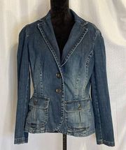 Eddie Bauer fitted v-neck collared denim jean jacket size large