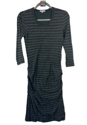 STANDARD JAMES PERSE SHORELINE RUCHED DRESS Gray & Green Striped Long Sleeve 2 M