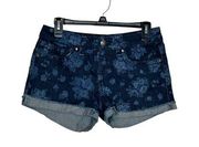 Maurices Womens Shorts Floral Stretch Denim Cotton Blend Cuff Raw Hem Blue 5/6