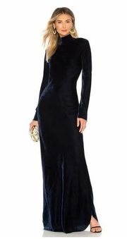 Nili Lotan Genevieve Navy Blue Velvet Long Sleeve Mock Neck Maxi Dress Size S