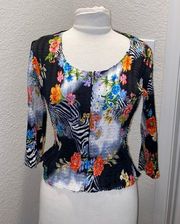 Alberto Makali Vintage Crinkle Zip Up Black & White Zebra Floral Sequin Blouse