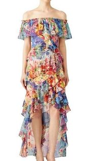 Badgley Mischka Multi Floral High Low Flowy Tiered Maxi Dress