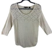 Jeanne Pierre Cotton Cream 3/4 Sleeve Round Neck Crocheted Pullover Sweater M