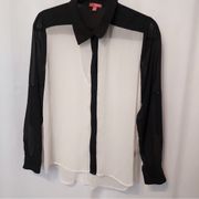 BONGO SHEER BLACK & WHITE COLOR BLOCK LONG SLEEVE BUTTON UP SHIRT BLOUSE TOP