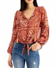 Womens Printed Tassel-Tie Button-Up Long Sleeve Bohemian Top Blouse Size M