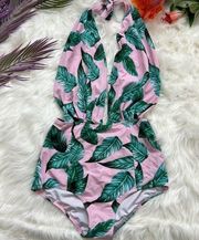 Tropical One Piece Swimsuit with Plunge Top